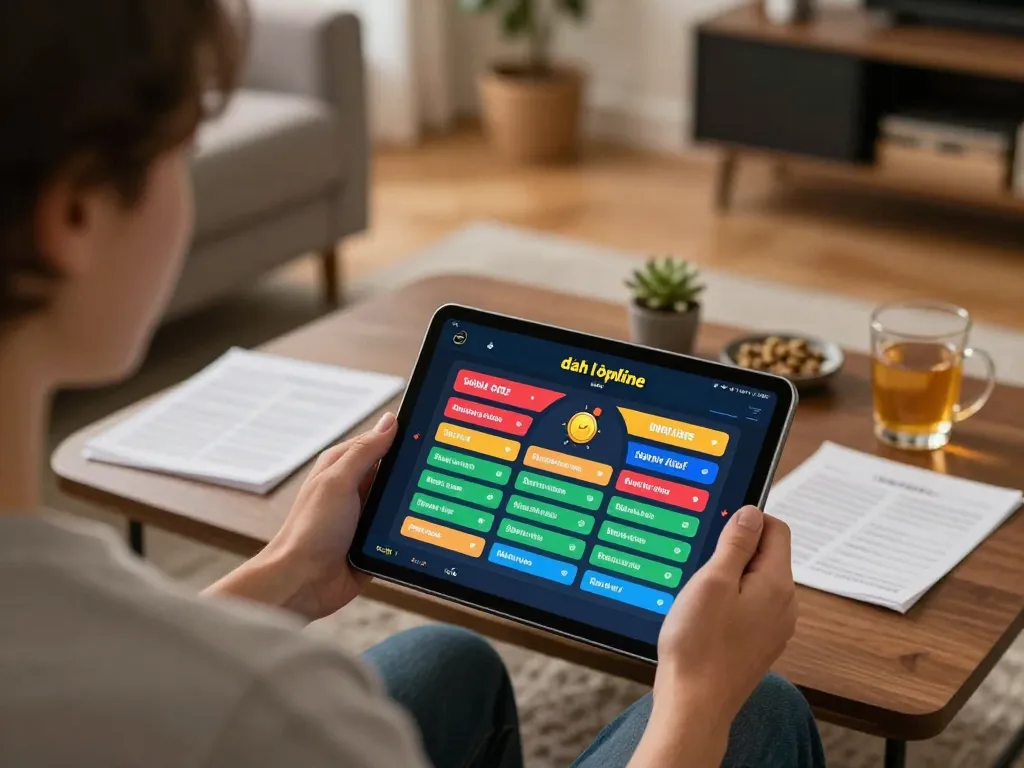 Engaging in đánh lô online with strategy notes and tablet interface in a cozy home setting.