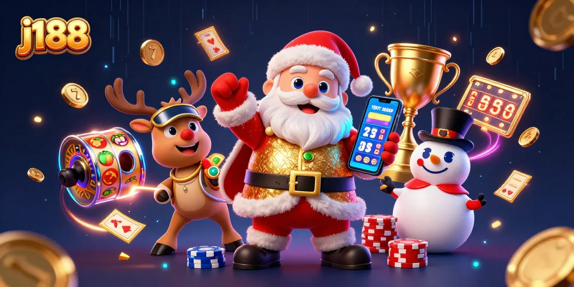 Engage in thrilling slots at j188 with Santa and his festive casino team amidst dazzling jackpot symbols.