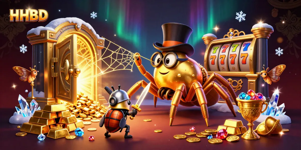Experience the enchanting HHBD scene with a golden tarantula and lucky slot reels, all in 3D.