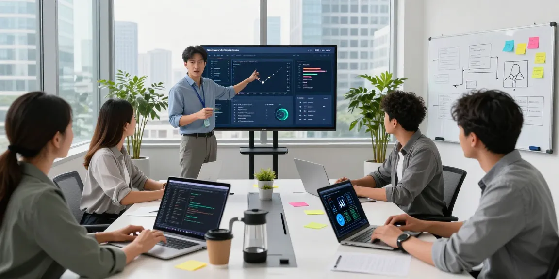 Build internal tools with AI in a modern workspace where diverse teams collaborate on innovative solutions.