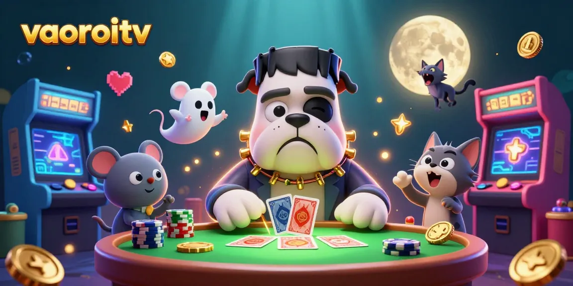 vaoroitv showcases a lively 3D gambling illustration featuring a Frankenstein bulldog dealing cards with colorful casino elements.