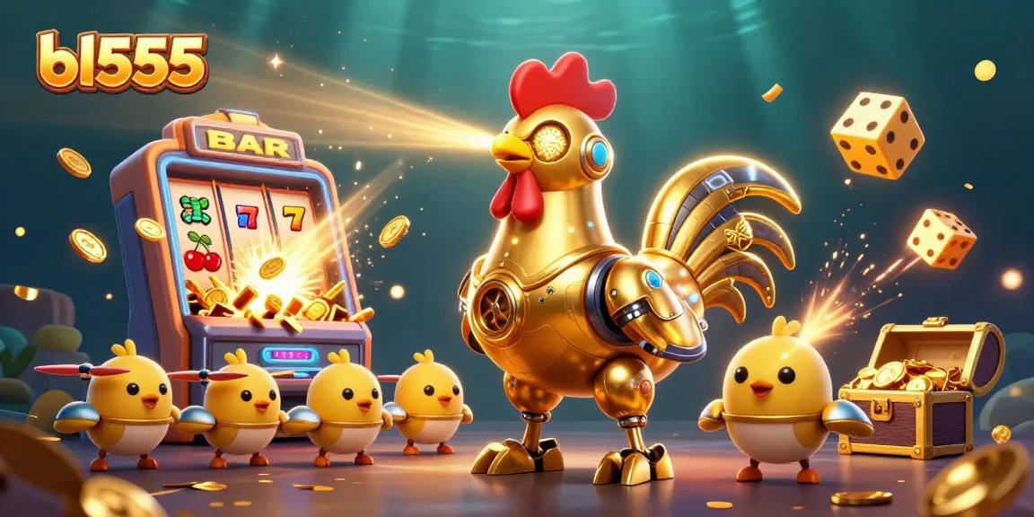 Engage in thrilling gameplay with bl555's vibrant casino adventure featuring a golden rooster robot and slots.