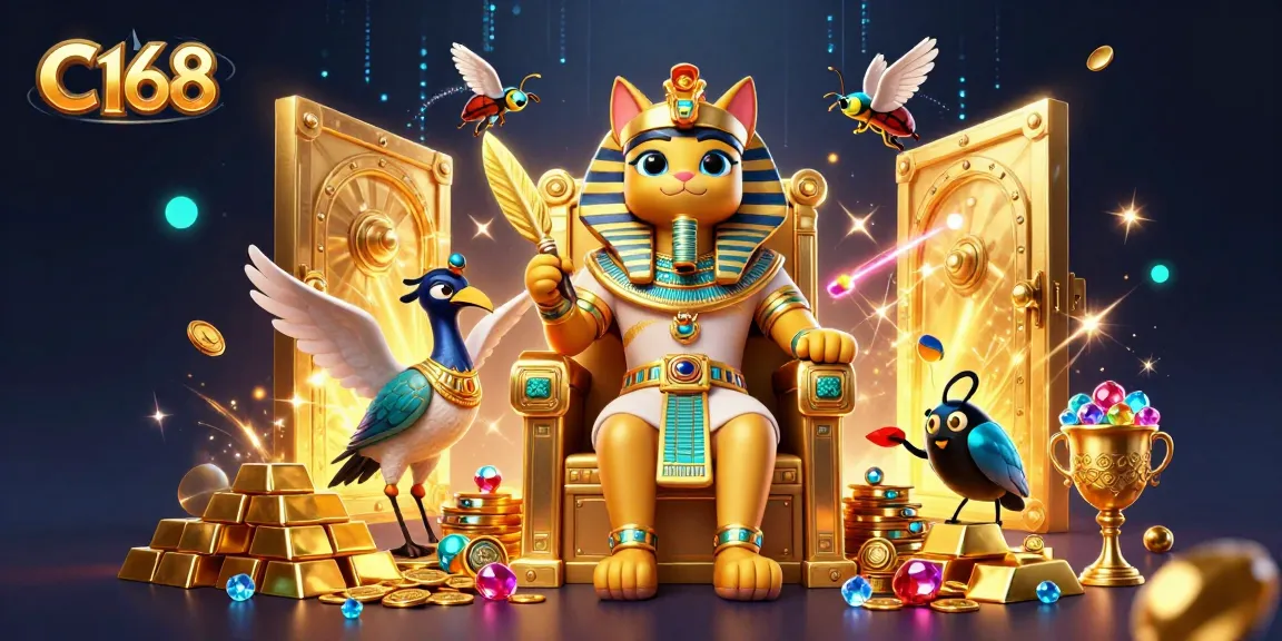 C168 offers thrilling experiences with a golden pharaoh cat surrounded by treasures and inviting gaming elements.