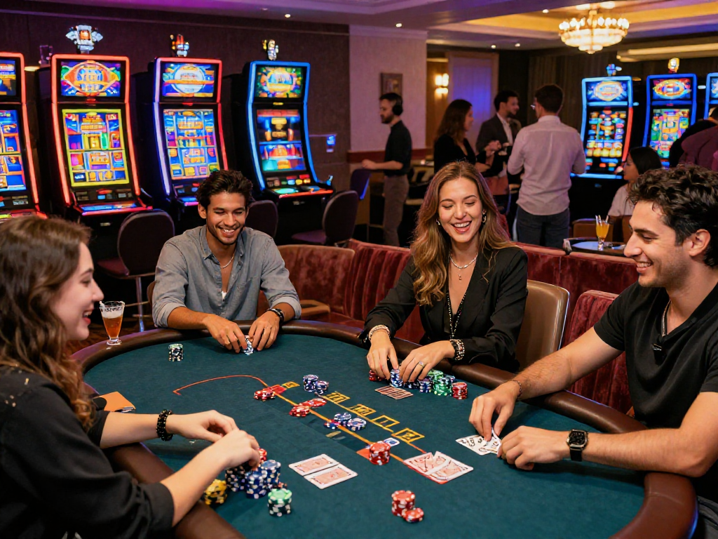 Scene nei migliori casino non AAMS con amici felici al tavolo da poker.