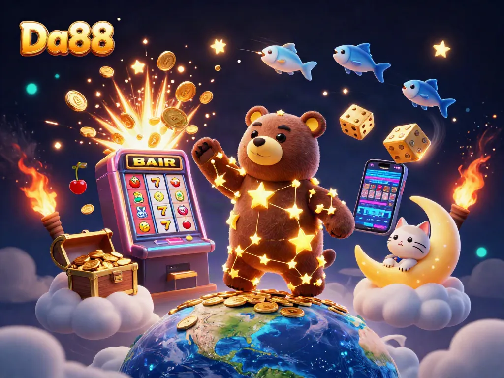 Experience the thrill at Da88 with a vibrant 3D casino scene featuring starry characters and jackpot excitement.
