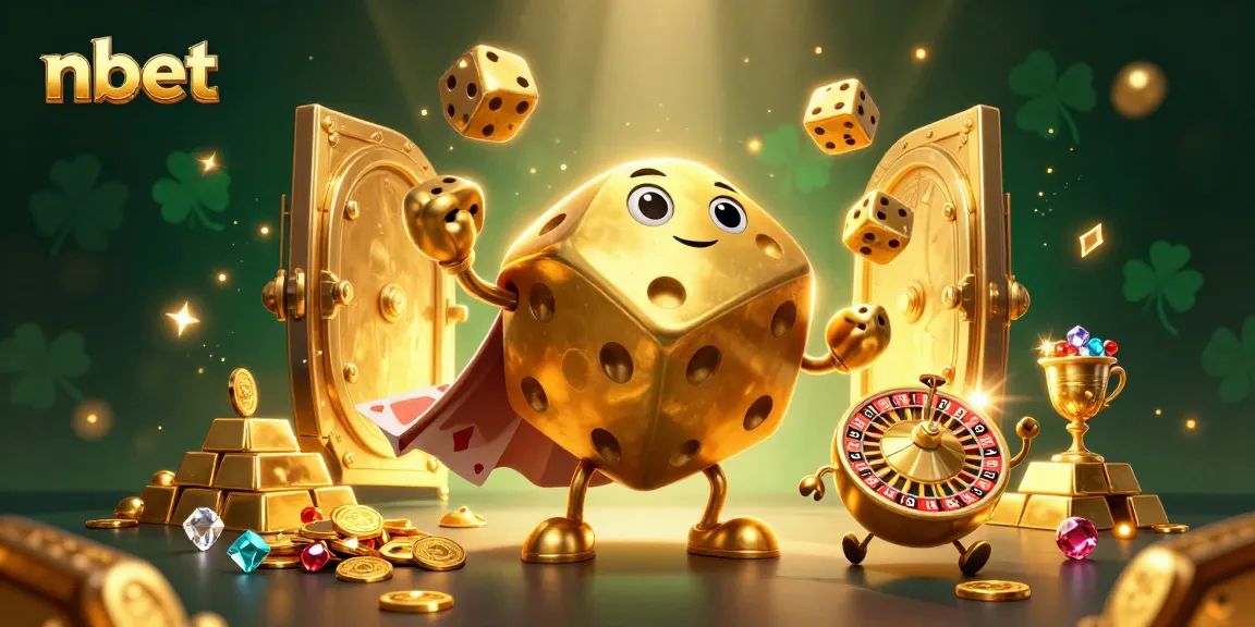 nbet showcases a golden dice golem in an exciting casino scene brimming with treasures and games.