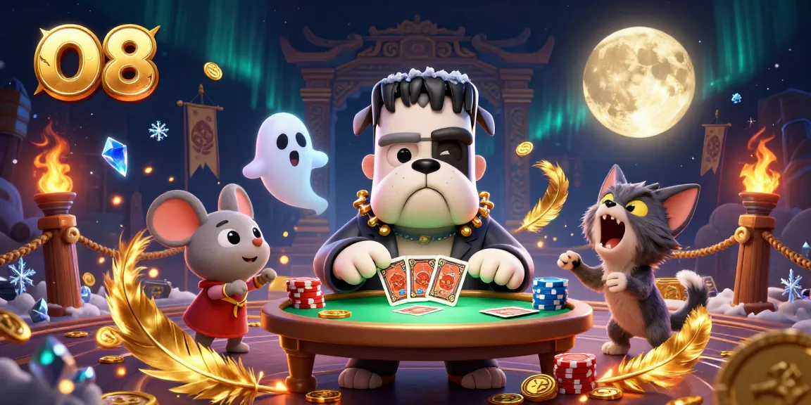 Engage in thrilling gaming experiences at O8 with a vibrant 3D casino scene filled with spooky characters and exciting elements.