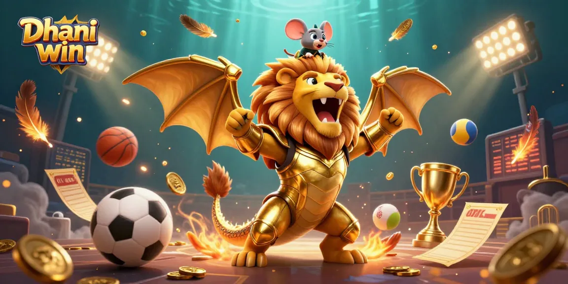Dhani win platform showcases a vibrant 3D illustration with a chimera in golden armor, surrounded by dynamic sports elements.