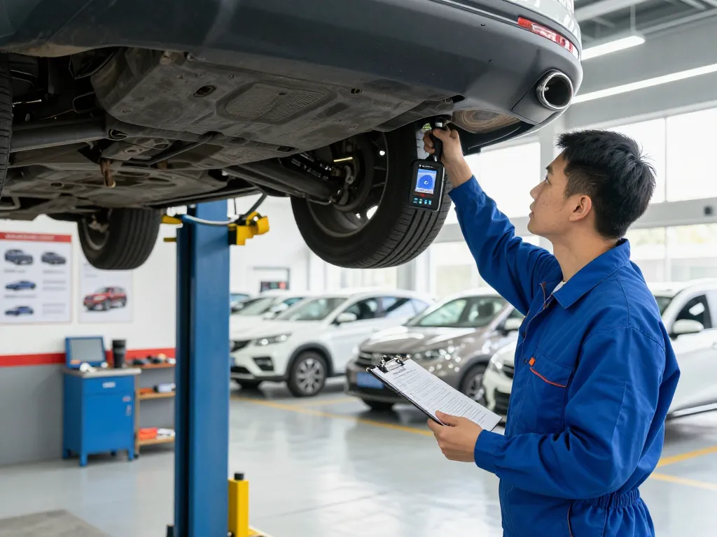 Vehicle inspection Turo process with technician checking car undercarriage in bright workshop.