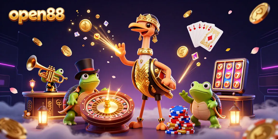Engage with open88's thrilling 3D illustration of a vibrant casino scene featuring dynamic characters and game elements.