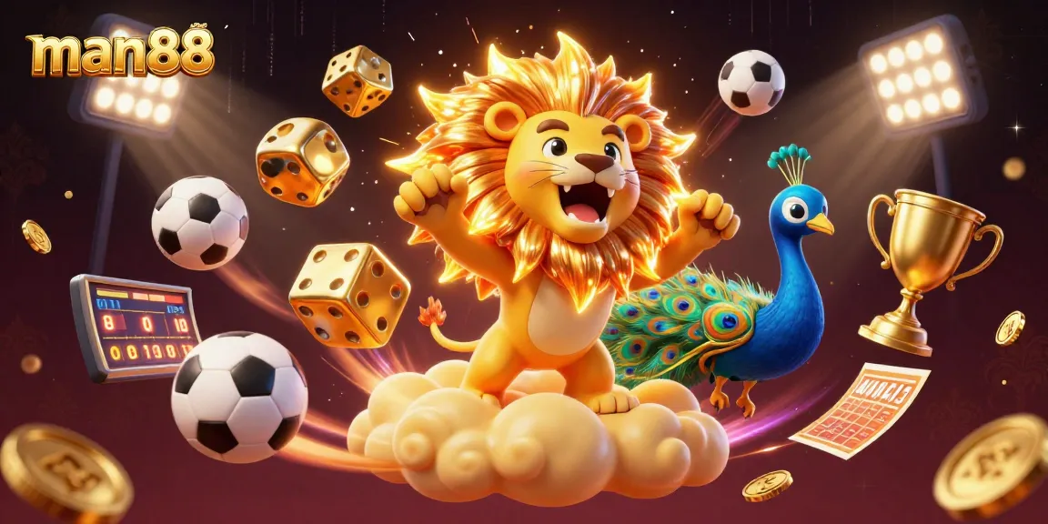 Man88 engages users with lively sports betting elements, featuring dynamic dice and vibrant coins.
