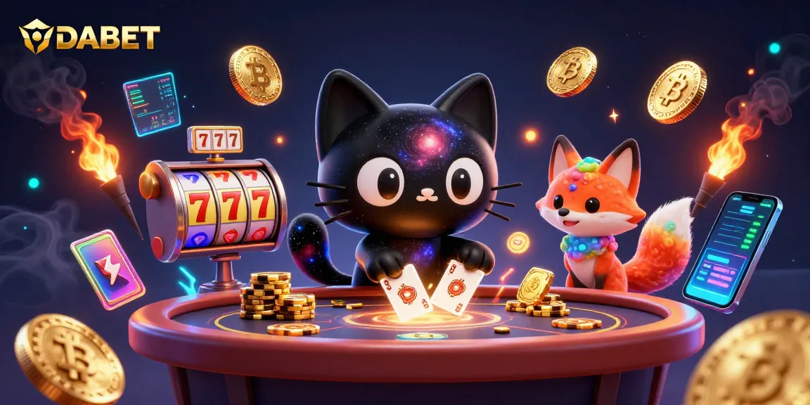 DABET offers exciting gambling experiences with a black hole cat at a cosmic casino table, winning chips and cards.