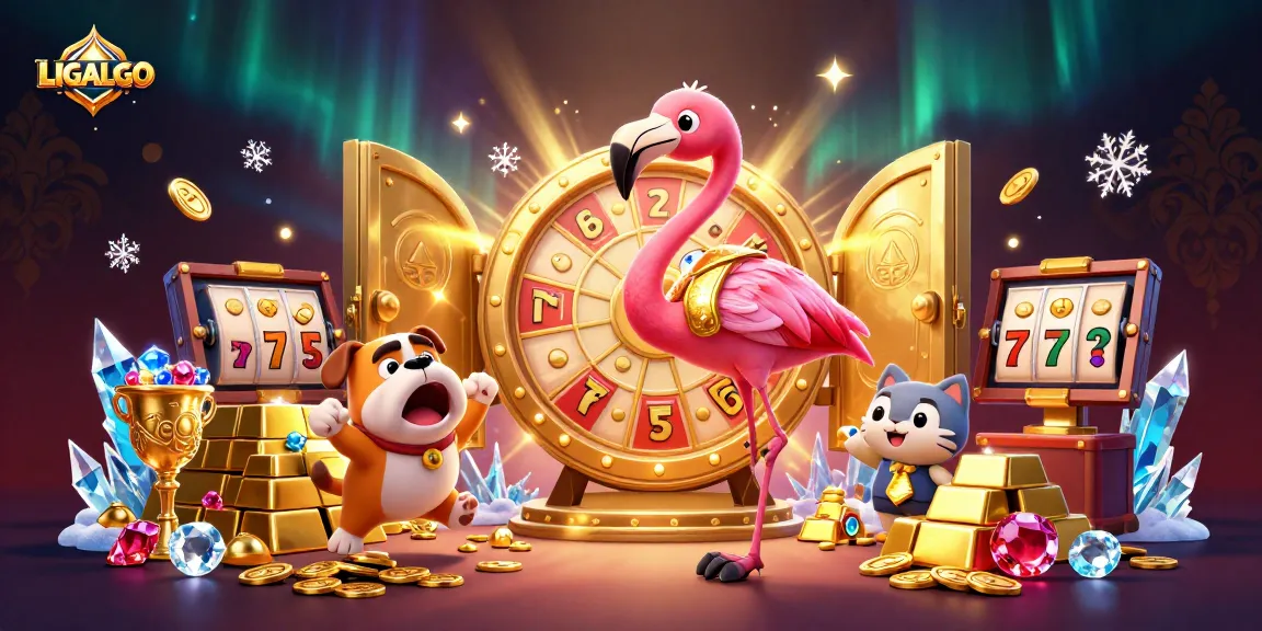 LIGALGO offers vibrant casino fun with a flamingo host and bulldog contestant celebrating a jackpot.