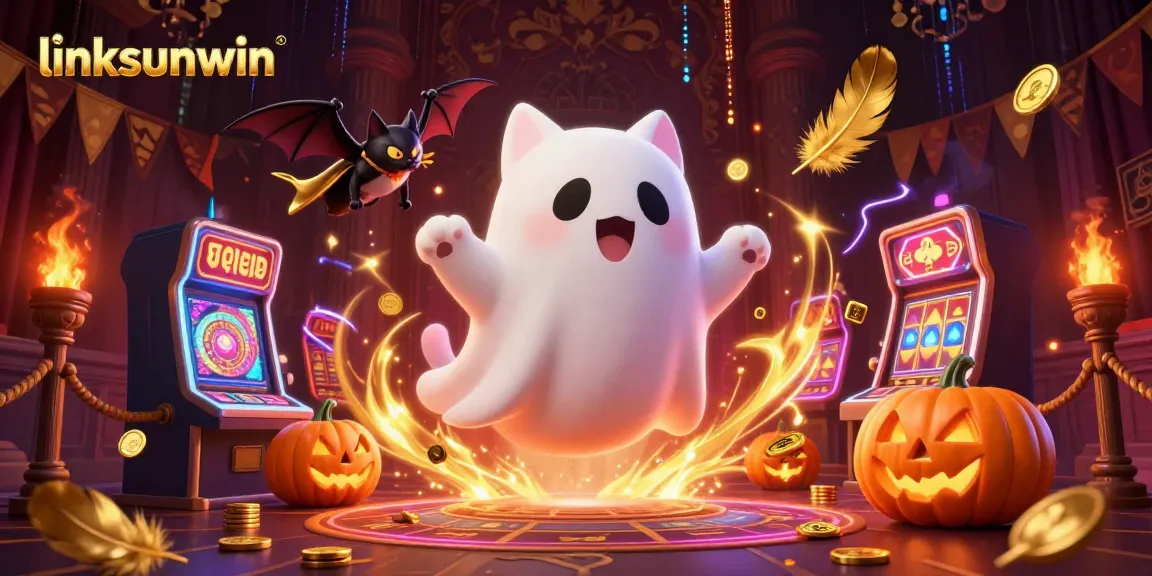 Experience thrilling gaming with linksunwin's haunted casino scene featuring a ghost cat and vampire bat.