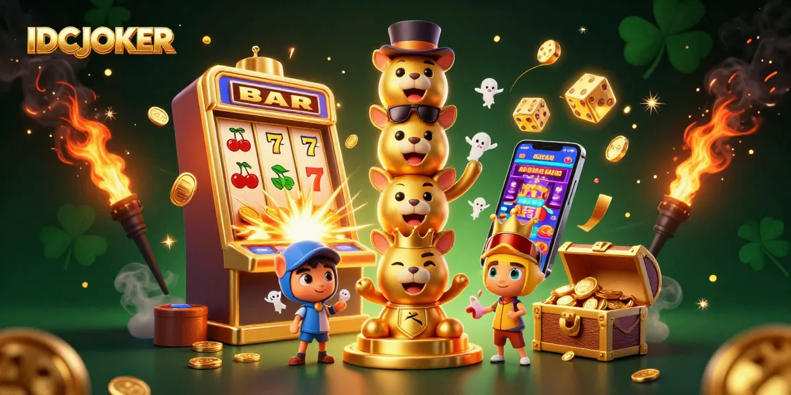 IDCJOKER brings vibrant casino excitement with a colorful slot explosion and dynamic game elements in a lively illustration.