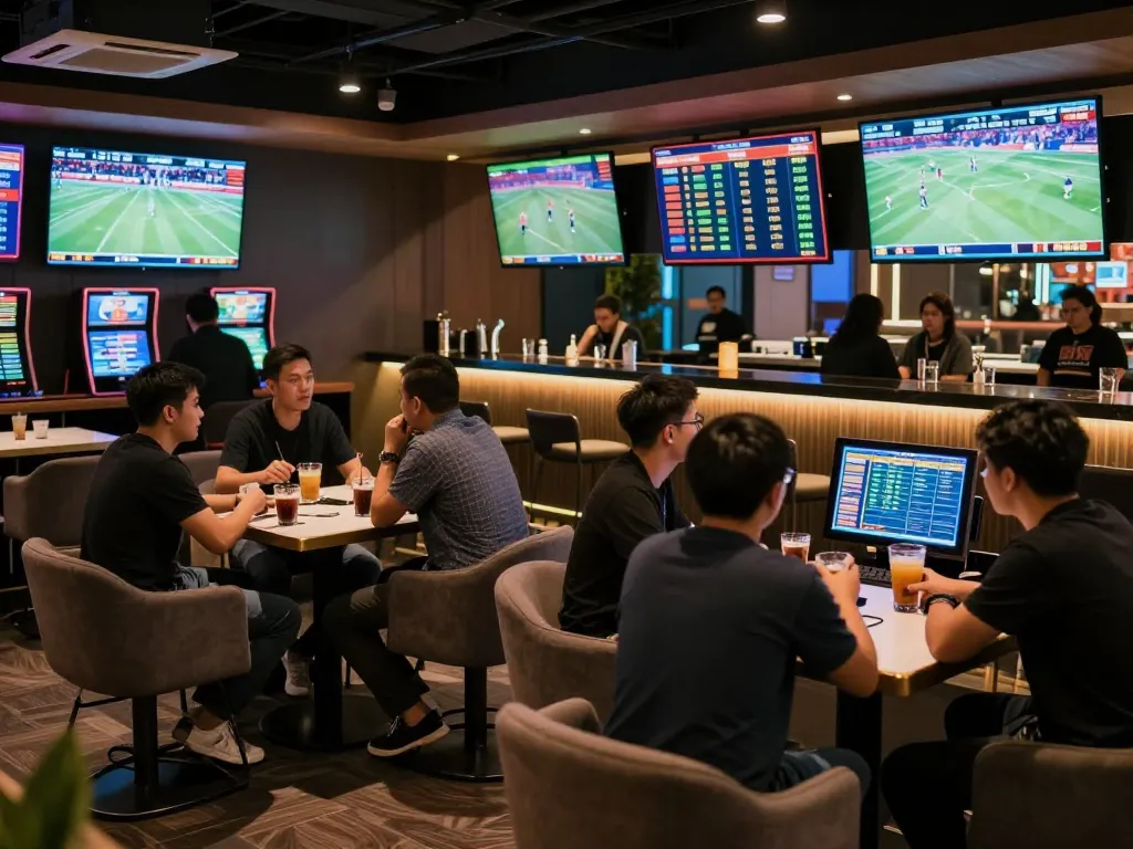 Betting enthusiasts analyzing kèo nhà cái updates in a lively sports lounge setting