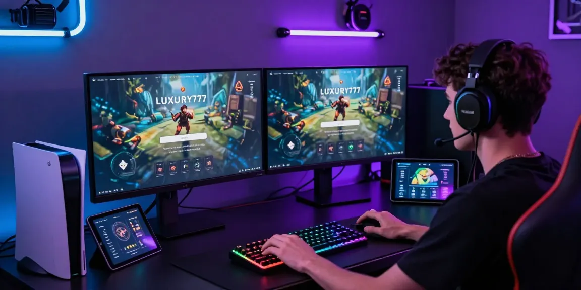 Pengguna LUXURY777 Login dalam suasana permainan online yang futuristik dengan setup komputer modern.