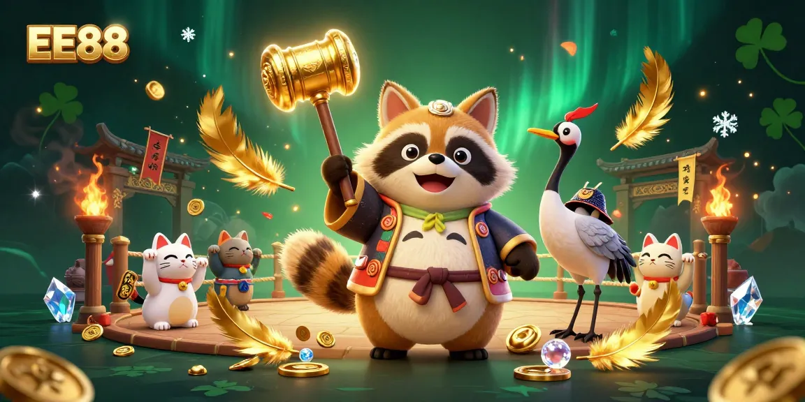 Engage with EE88's vibrant casino illustration featuring lucky symbols and festive characters.