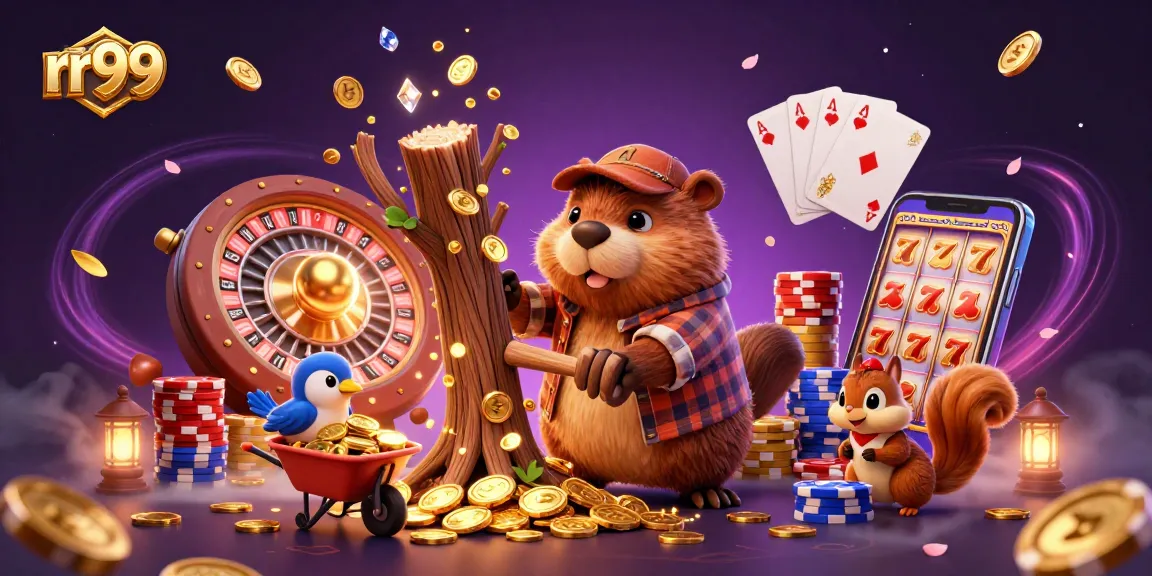 Experience thrilling gameplay with rr99 as the beaver collects golden coins in a vibrant casino world.