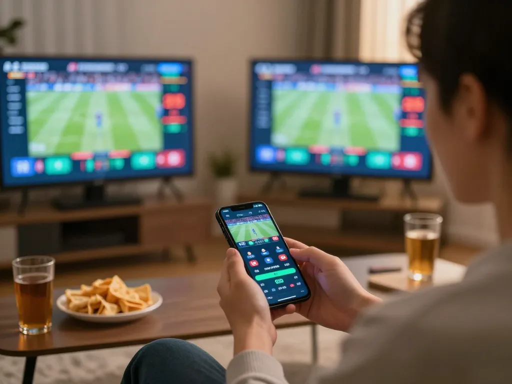 Engaged user placing strategic bets on keonhacai sports betting app in lively home setting