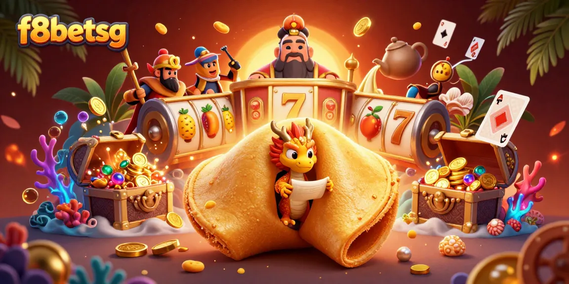 Engage with f8betsg's lively casino world featuring a golden fortune cookie and dynamic game elements.