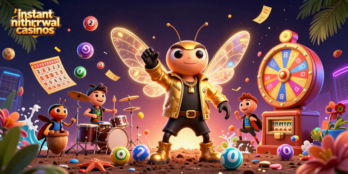 Experience instant withdrawal casinos with a vibrant scene of a cicada rock star, drummer, and backup crickets.