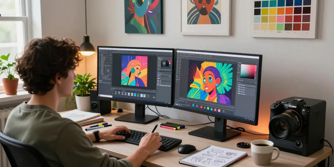 Artist using nano banana 2 to create vibrant digital art in a modern studio.