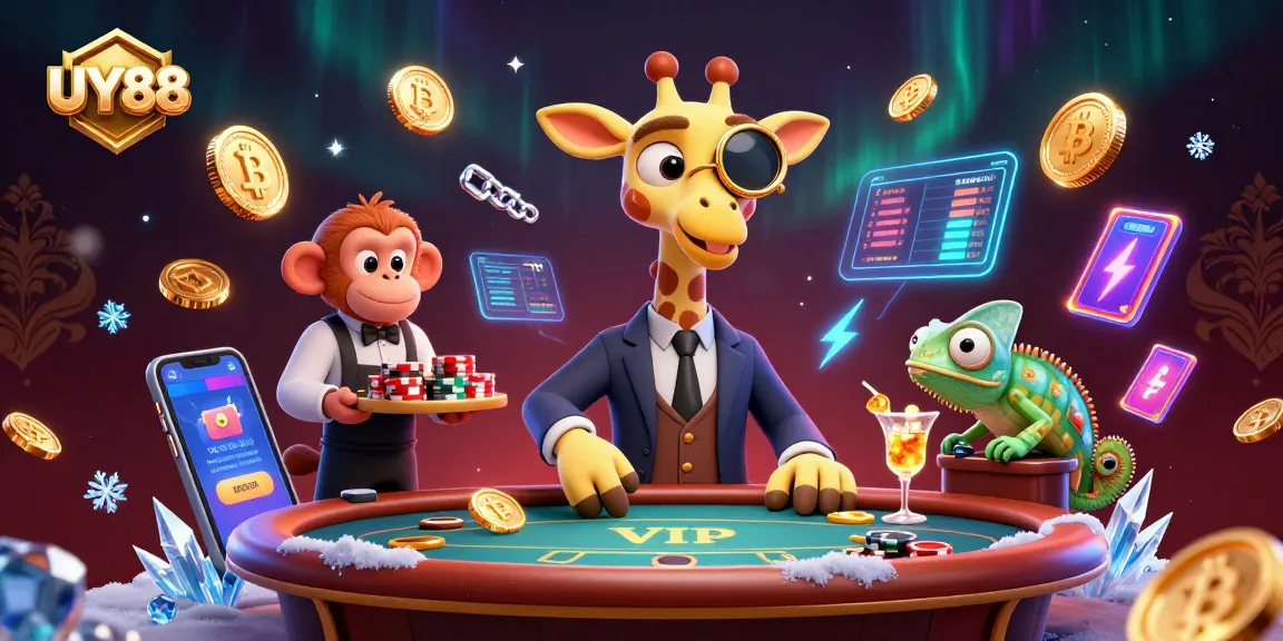 Experience the excitement of UY88 with a giraffe high-roller at the poker table in a vibrant casino scene.