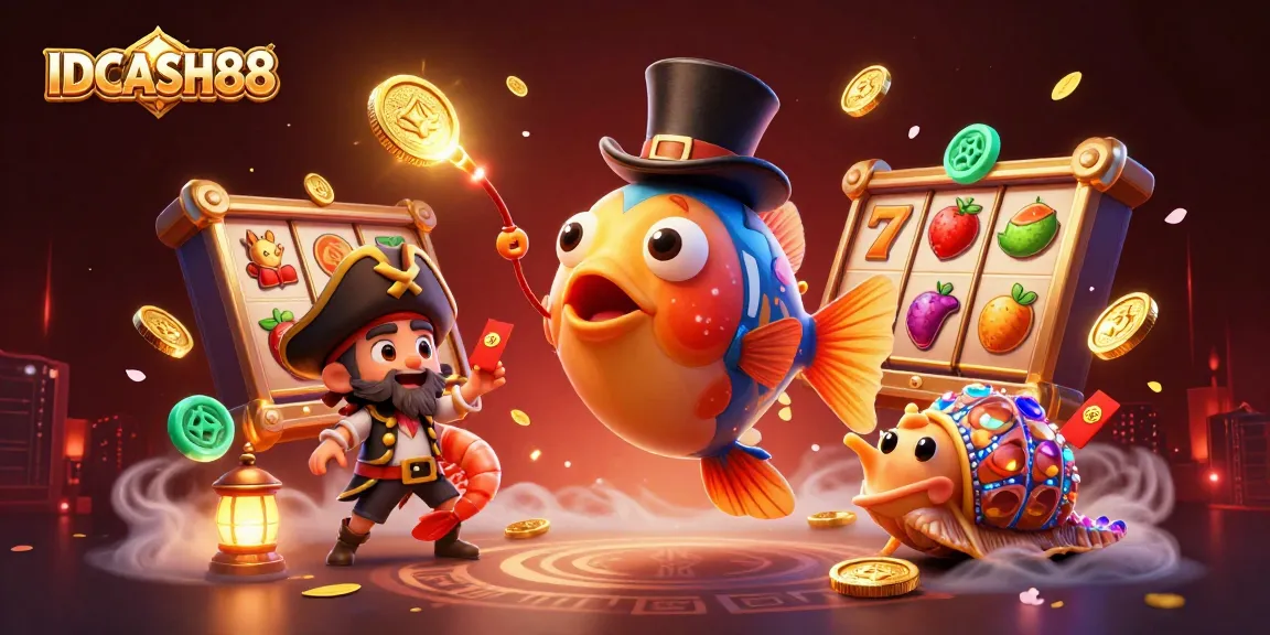 IDCASH88 players winning with vibrant slot games and glowing 3D casino elements.