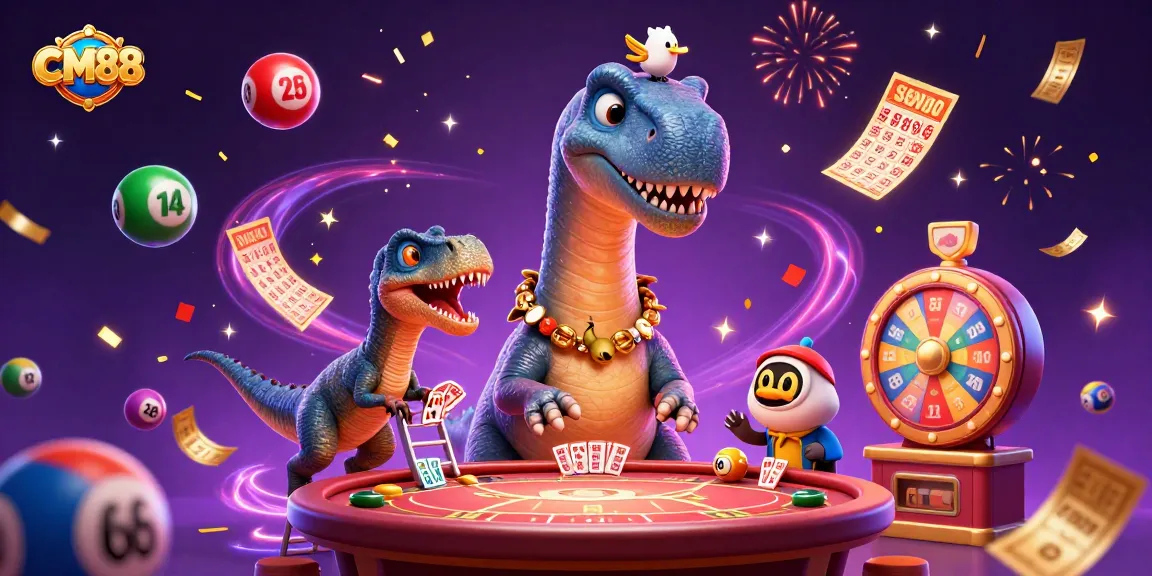 Experience the excitement of CM88 as a giant brontosaurus surveys a bustling casino scene full of vibrant games.