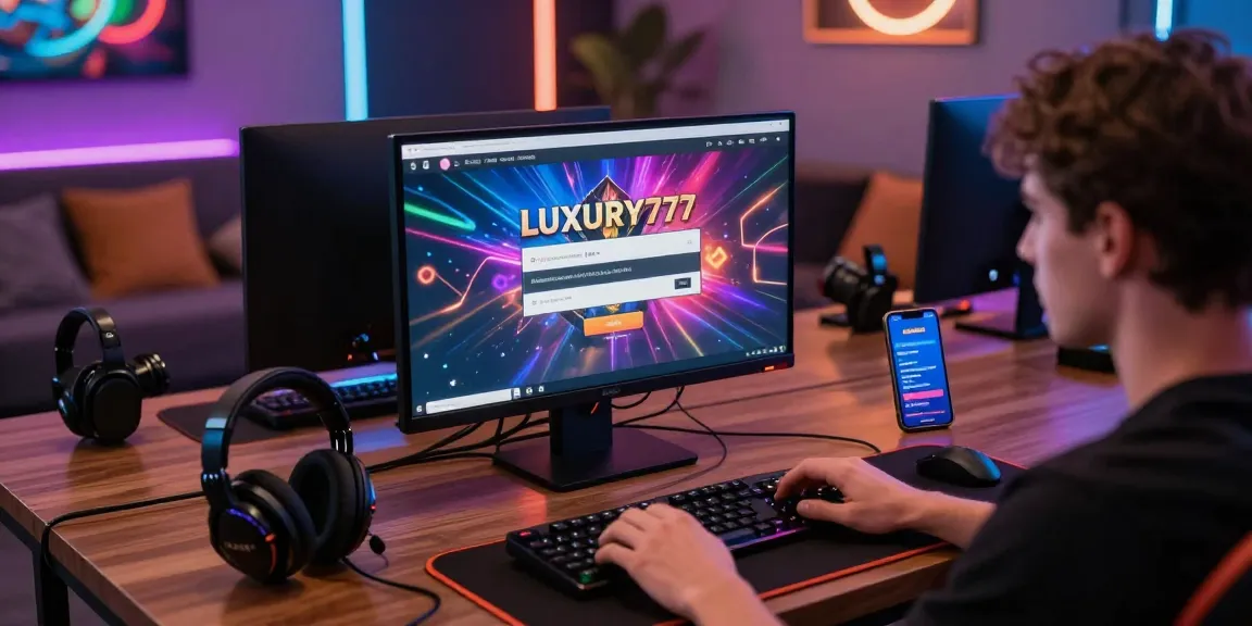 Cara Login LUXURY777 dalam tampilan gaming modern dengan antarmuka penuh warna dan peralatan pendukung.