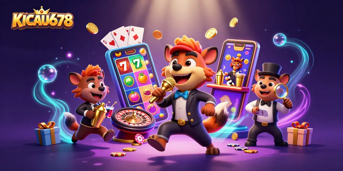 KICAU678 showcases lively hyenas in a comedy casino with dynamic gaming elements and vibrant colors.