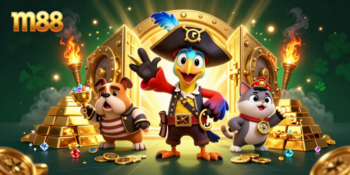 Bet on your luck at m88 with a vibrant pirate casino adventure illustration showcasing treasures and gaming elements.