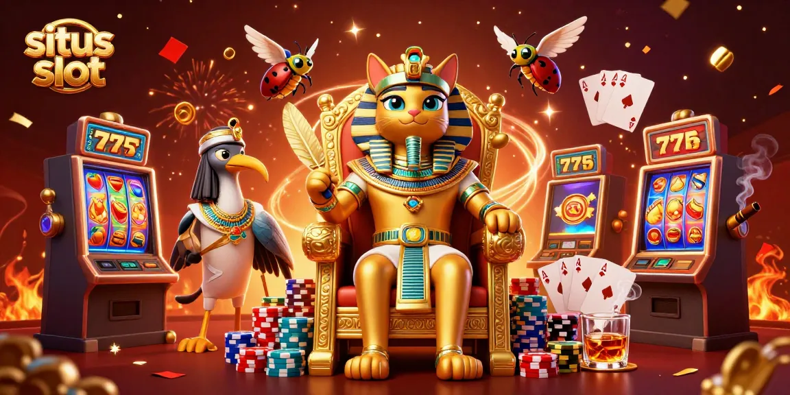 Situs slot menampilkan karakter utama kucing firaun 3D yang duduk di tahta emas dikelilingi mesin slot dan koin berkilauan.