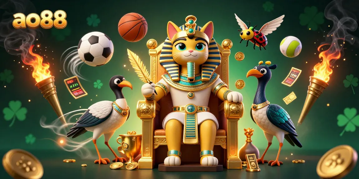 ao88 showcases an Egyptian pharaoh cat with sports elements and dynamic betting action