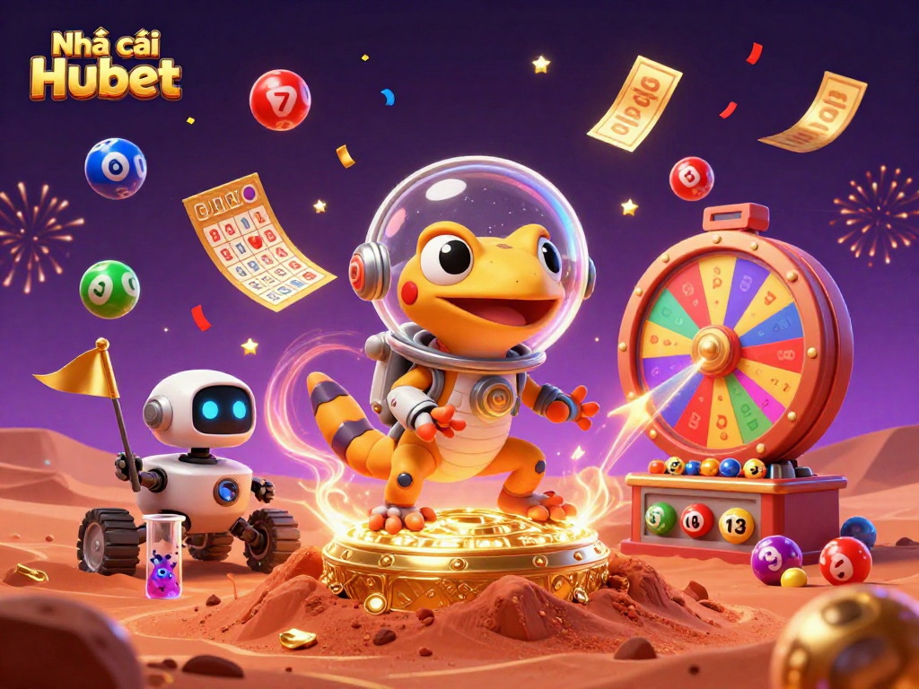 Nhà cái Hubet showcases a lively Martian casino scene with lottery elements, vibrant colors, and celebratory effects.