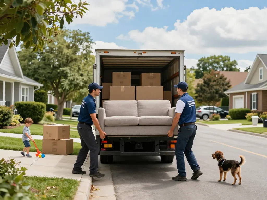Ein zuverlässiges umzugsunternehmen Hannover Team, das effizient ein Sofa aus einem Truck in einer fröhlichen Vorstadtumgebung bewegt.