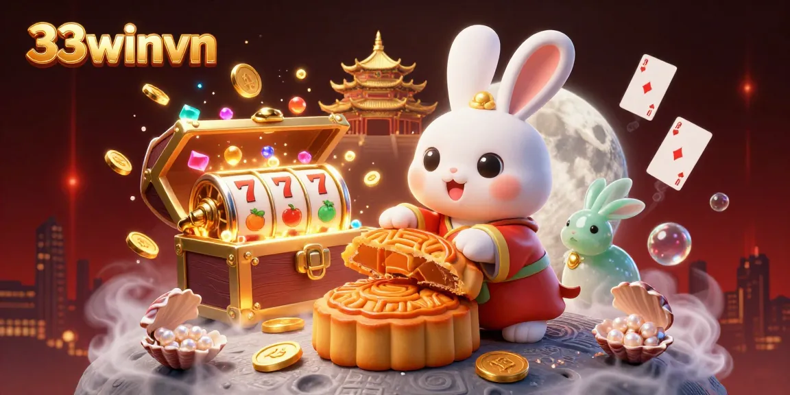 Experience thrilling action with 33winvn, featuring a moon rabbit and vibrant casino elements.
