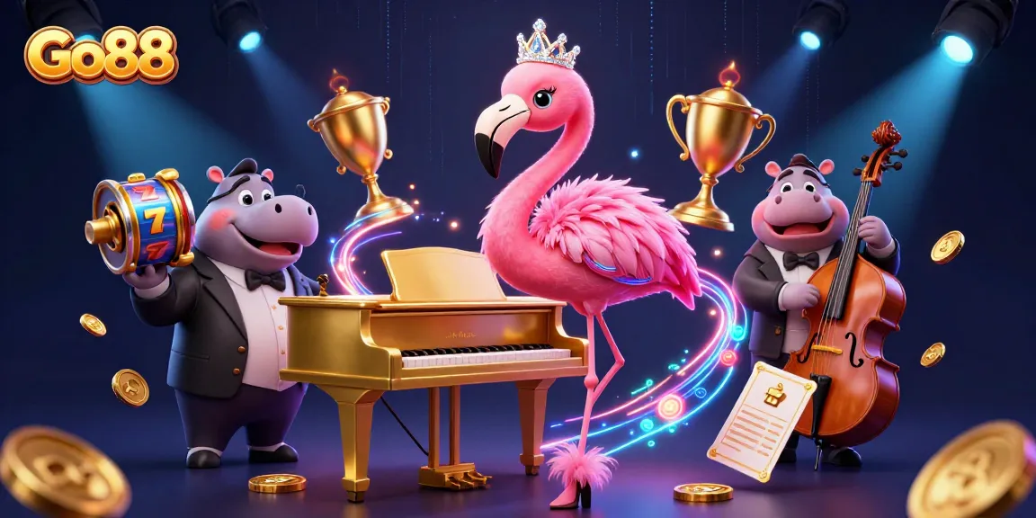 Engage in thrilling gameplay at Go88, featuring a vibrant casino scene with a lively flamingo singer and hippo bassist.