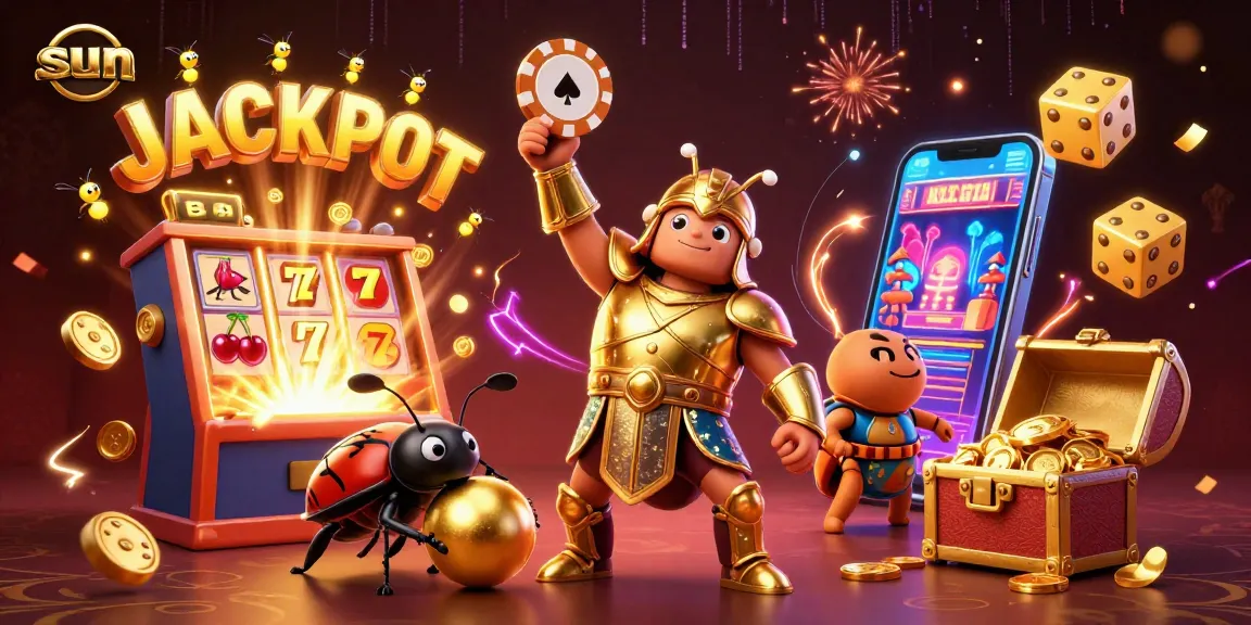 Players celebrate a sun-themed jackpot with vibrant 3D gaming elements and cartoon characters.