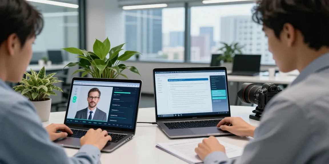 Engineers collaborating on an age verification system with biometric technology in a modern office.