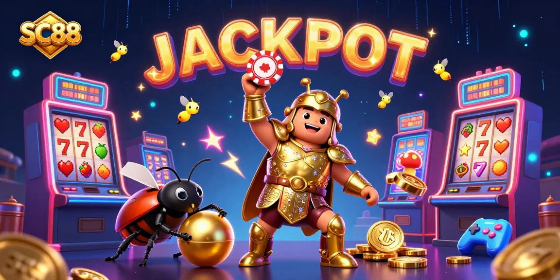 Engage with SC88, featuring a hero beetle lifting a poker chip amidst vibrant casino visuals and dynamic slot machines.