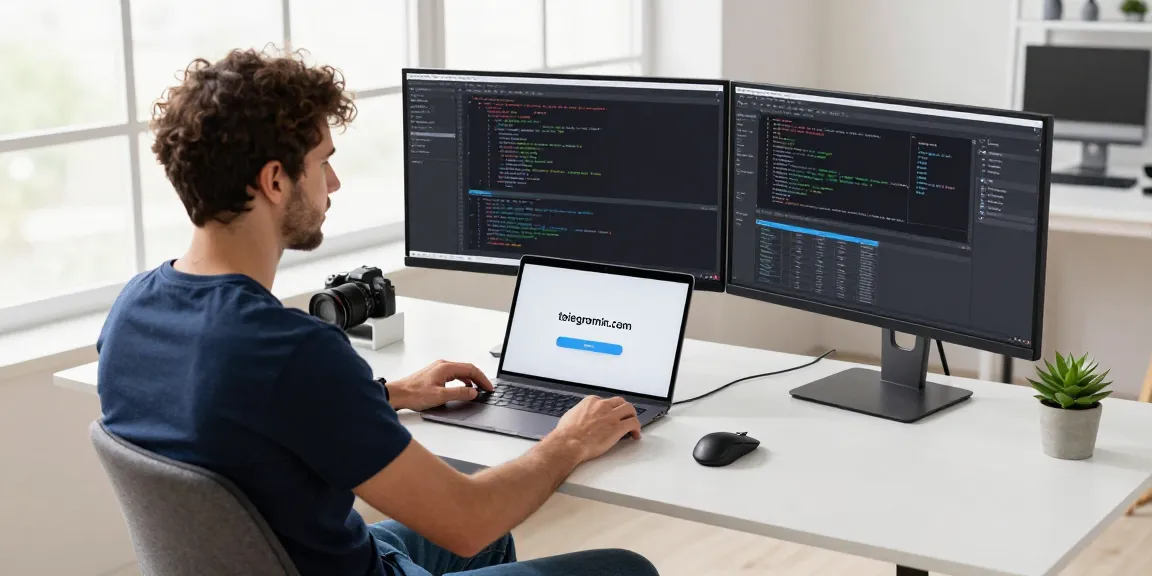 Developer working on software features at teiegramin.com in a bright modern workspace with dual monitors.