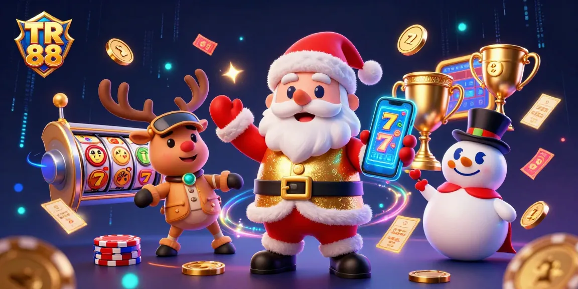 Experience winning with TR 88 through a festive casino scene featuring Santa, a reindeer dealer, and poker-themed snowman.