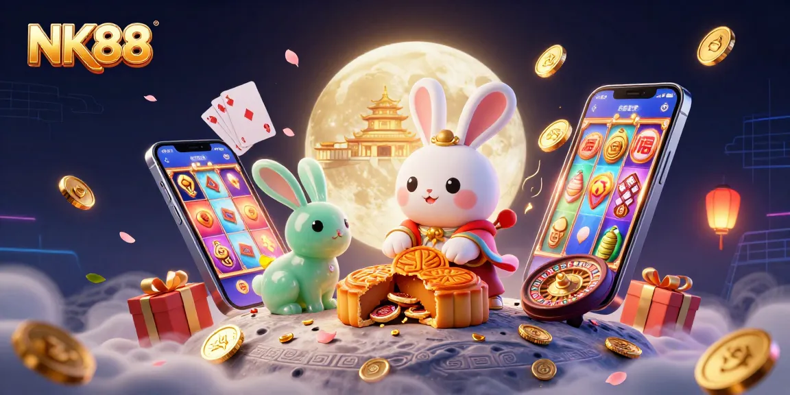 Win big at NK88 with vibrant casino-themed illustration featuring lucky moon rabbit and gaming elements.