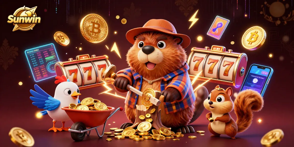 Spin to win at Sunwin with our vibrant casino scene featuring fun characters and gold!