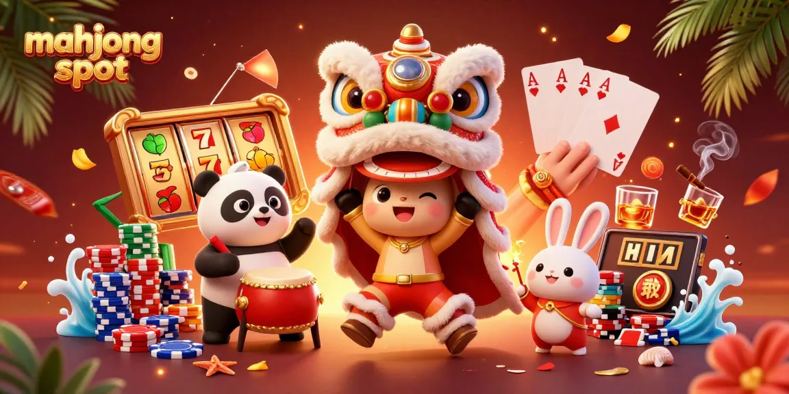 Experience the excitement of mahjong slot with cute characters dancing amid vibrant casino elements.
