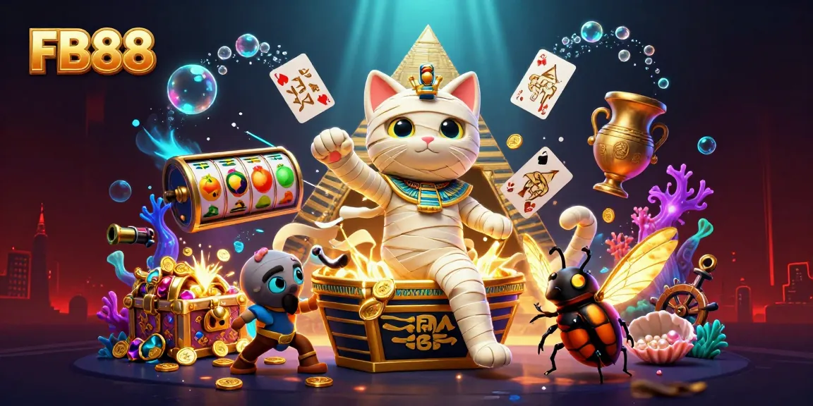 Win exciting jackpots at FB88 while enjoying a vibrant casino adventure with a mummy cat and glowing scarab.