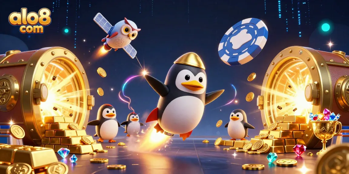 Join the excitement at alo8 com with our vibrant casino-themed 3D illustration featuring a golden penguin rocket!