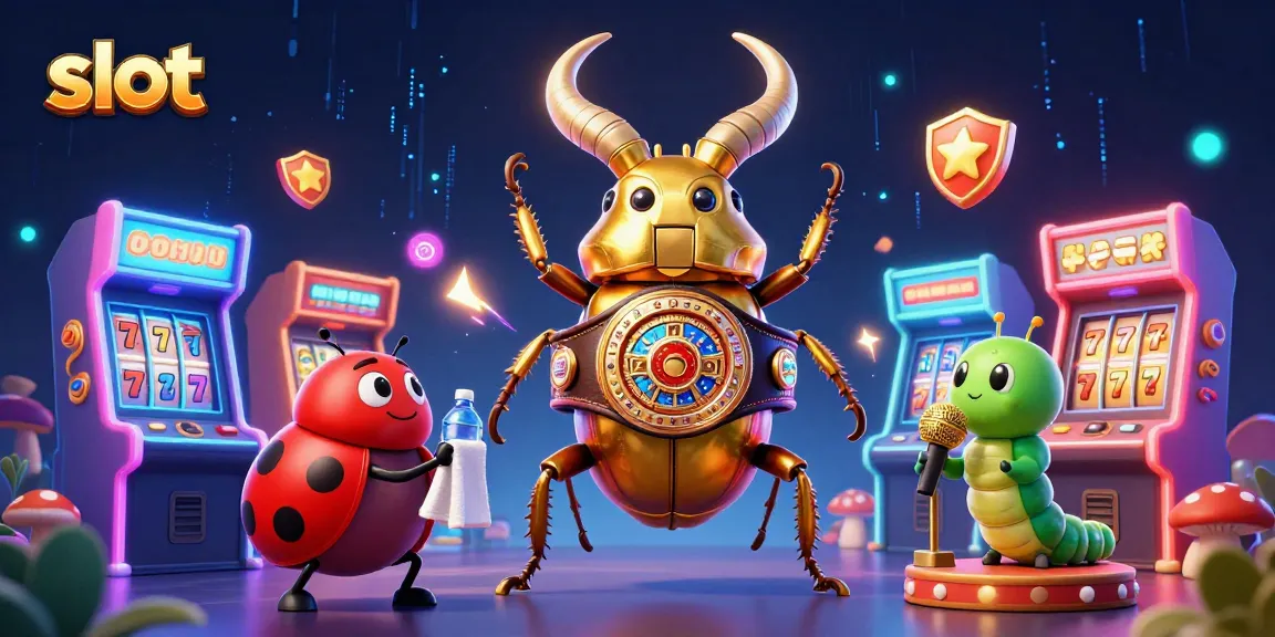 Spin the slot reels with the giant golden stag beetle and tiny ladybug in vibrant casino scene